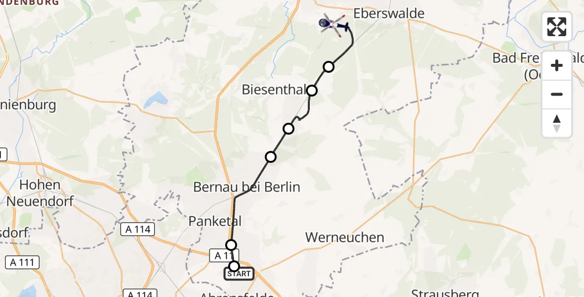Flugroute Polizeihubschrauber Ahrensfelde Hubschrauberlandeplatz - Eberswalde, 28 Oktober 2026, 10:11