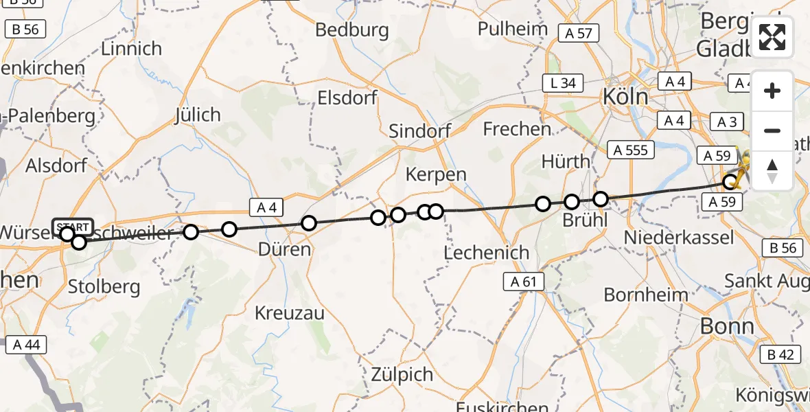 Flugroute Rettungshubschrauber Aachen-Merzbrück Flughafen - Köln Bonn Flughafen, 28 Oktober 2026, 10:18