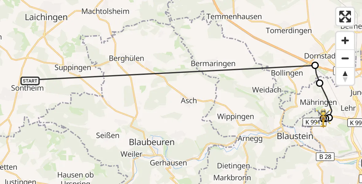 Flugroute Rettungshubschrauber Heroldstatt - ADAC Air Rescue Station Ulm (Christoph 22), 28 Oktober 2026, 10:26
