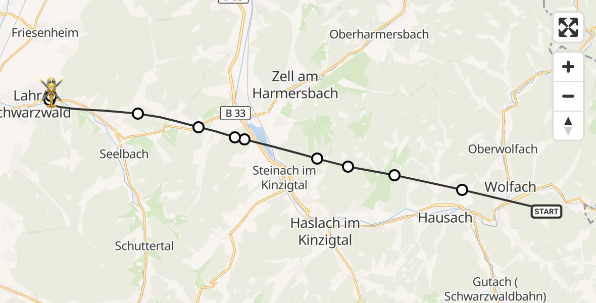 Flugroute Rettungshubschrauber Wolfach - Ortenau Hospital Lahr-Ettenheim, 28 Oktober 2026, 10:26