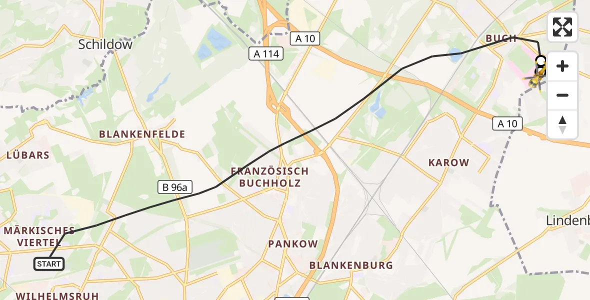 Flugroute Rettungshubschrauber Berlin - Helios Clinic Berlin-Buch, 28 Oktober 2026, 10:35