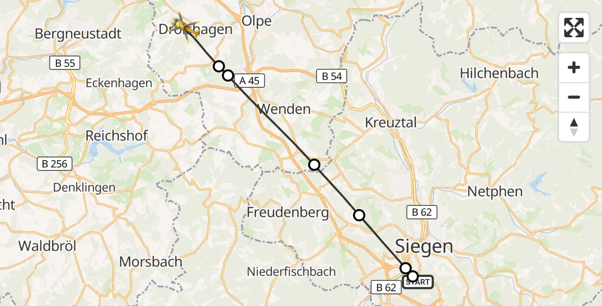Flugroute Rettungshubschrauber Evangelisches Jung-Stilling Hospital - Drolshagen, 28 Oktober 2026, 10:55