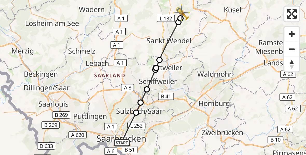 Flugroute Rettungshubschrauber Saarbrücken - Freisen, 28 Oktober 2026, 10:59