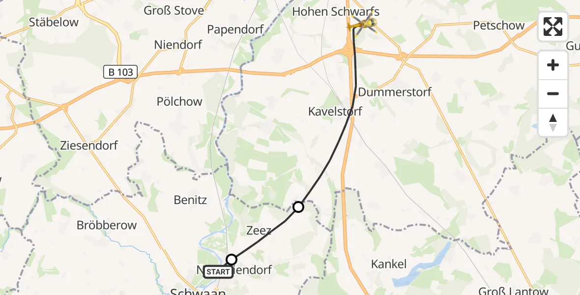 Flugroute Ambulanzhubschrauber Schwaan - Dummerstorf, 28 Oktober 2026, 11:20