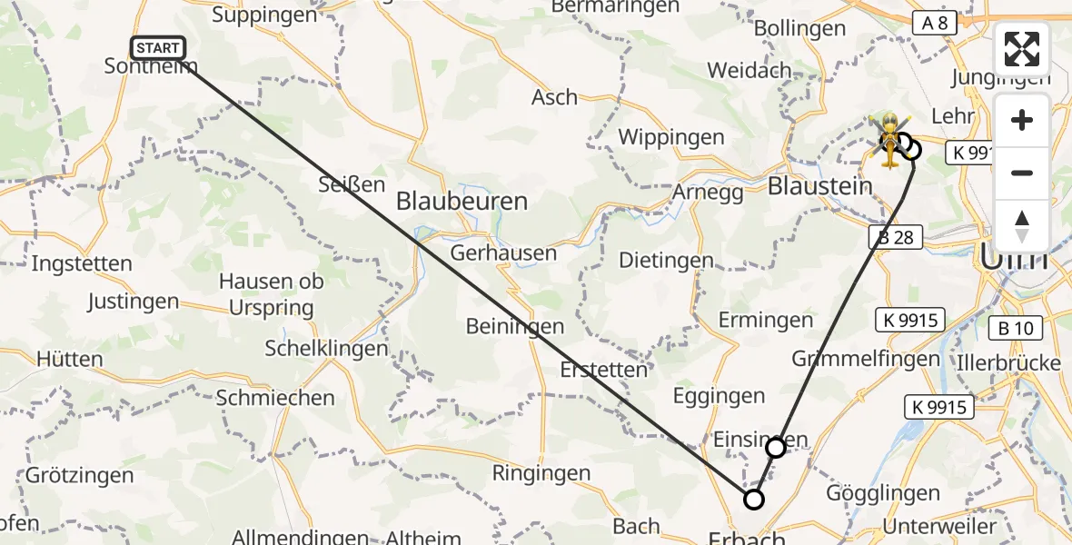 Flugroute Rettungshubschrauber Heroldstatt - ADAC Air Rescue Station Ulm (Christoph 22), 28 Oktober 2026, 11:25