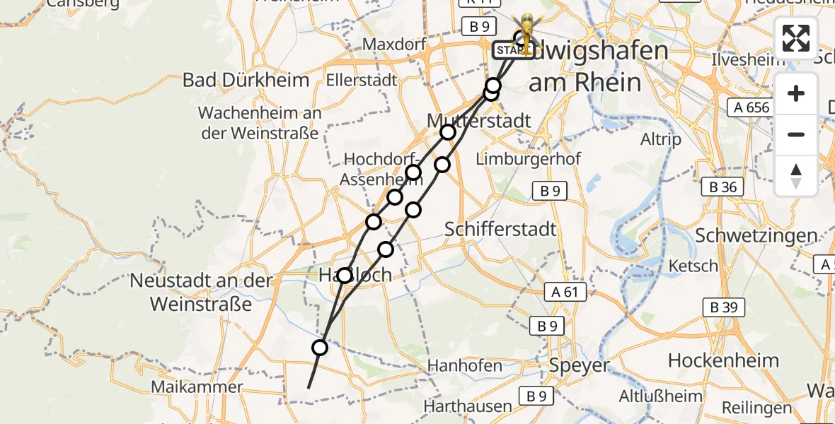 Flugroute Rettungshubschrauber Ludwigshafen am Rhein - Ludwigshafen Accident Hospital, 28 Oktober 2026, 11:32