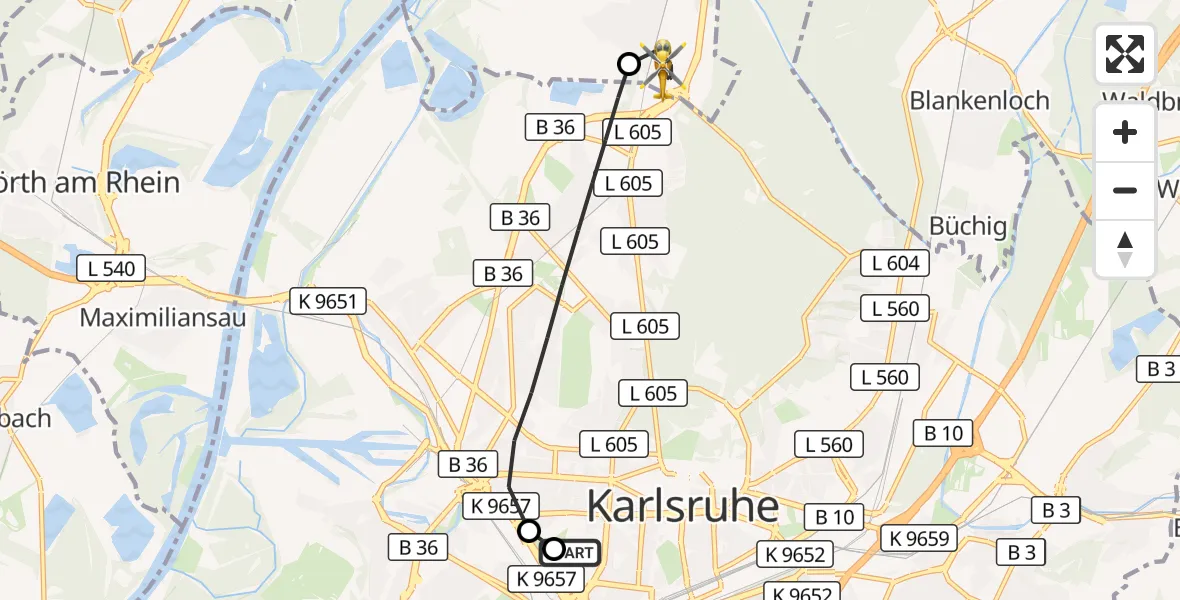 Flugroute Ambulanzhubschrauber Sankt Vincentius Hospital - Eggenstein-Leopoldshafen, 28 Oktober 2026, 11:42