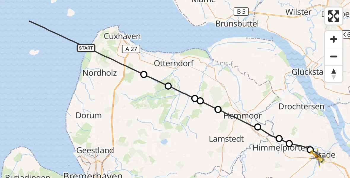Flugroute Ambulanzhubschrauber Cuxhaven - Stade, 28 Oktober 2026, 11:43