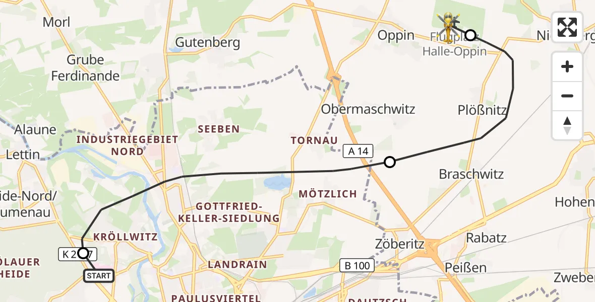 Flugroute Rettungshubschrauber Halle (Saale) University Hospital - Halle-Oppin Flugplatz, 28 Oktober 2026, 11:58