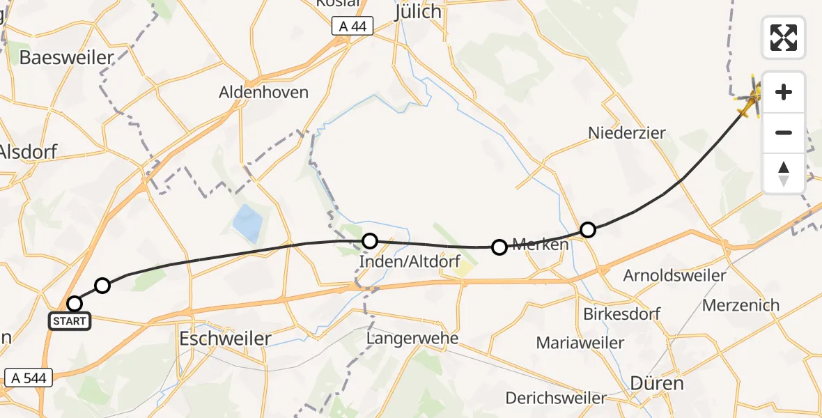 Flugroute Rettungshubschrauber Aachen-Merzbrück Flughafen - Elsdorf, 28 Oktober 2026, 12:01