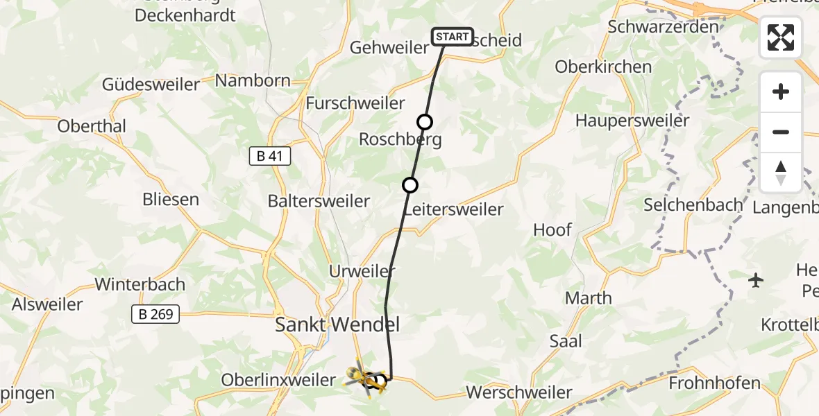 Flugroute Rettungshubschrauber Freisen - Marienhaus Hospital Sankt Wendel-Ottweiler, 28 Oktober 2026, 12:02