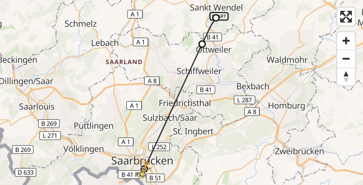 Flugroute Rettungshubschrauber Marienhaus Hospital Sankt Wendel-Ottweiler - Saarbrücken, 28 Oktober 2026, 12:07