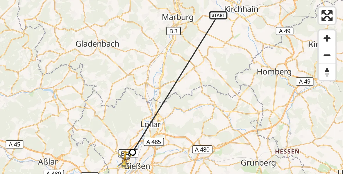 Flugroute Ambulanzhubschrauber Kirchhain - Gießen, 28 Oktober 2026, 12:08