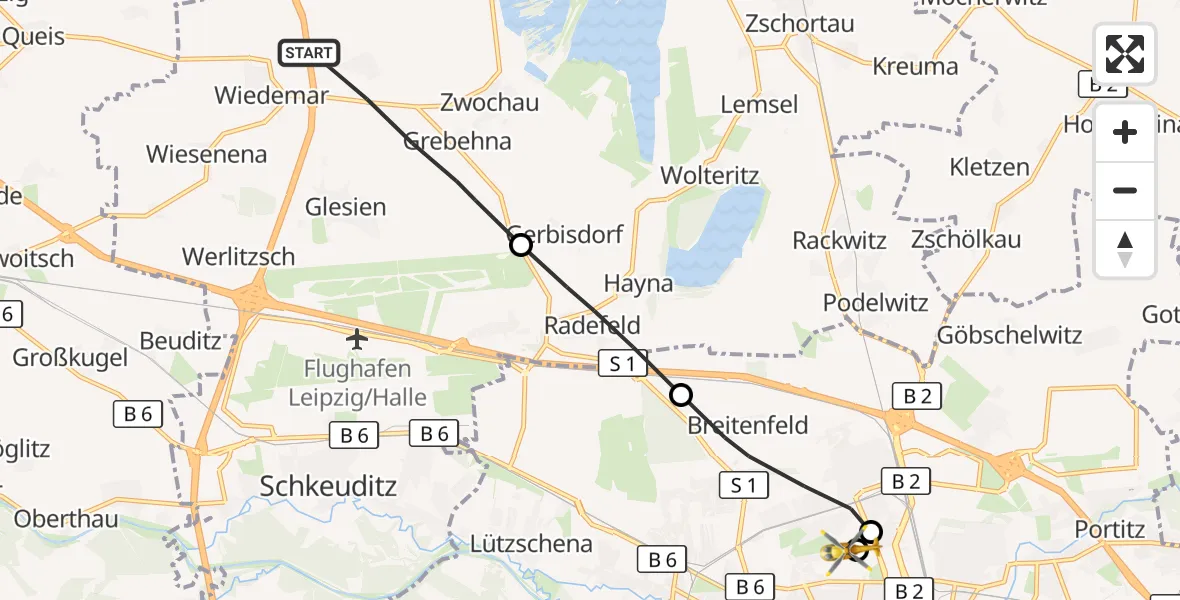 Flugroute Rettungshubschrauber Wiedemar - Sankt George Hospital Leipzig, 28 Oktober 2026, 12:19