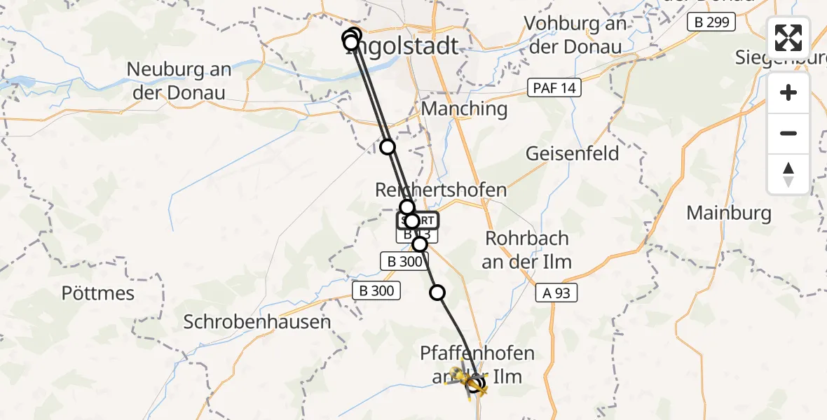 Flugroute Rettungshubschrauber Reichertshofen - Ilmtal Hospital Pfaffenhofen, 28 Oktober 2026, 12:22