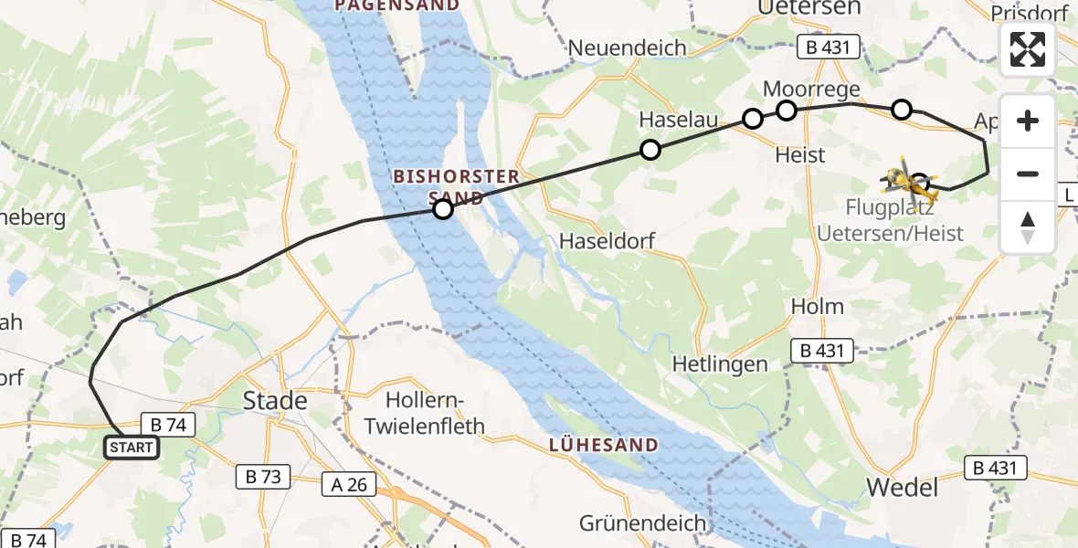 Flugroute Ambulanzhubschrauber Stade - Uetersen-Heist Flugplatz, 28 Oktober 2026, 12:24