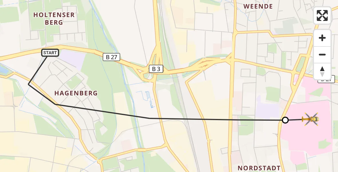 Flugroute Rettungshubschrauber Göttingen - Göttingen University Clinic Hubschrauberlandeplatz, 28 Oktober 2026, 12:29