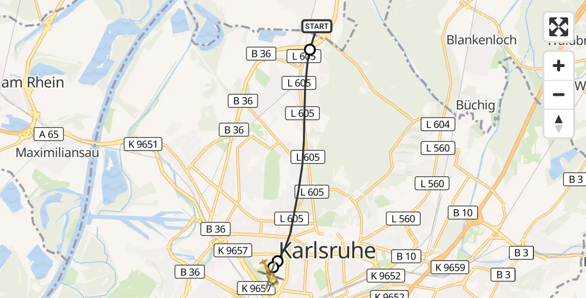 Flugroute Ambulanzhubschrauber Eggenstein-Leopoldshafen - Sankt Vincentius Hospital, 28 Oktober 2026, 12:32