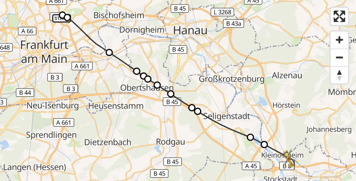 Flugroute Rettungshubschrauber Frankfurt am Main Accident Hospital Roof Helipad (CHX2) - Kleinostheim, 28 Oktober 2026, 12:38
