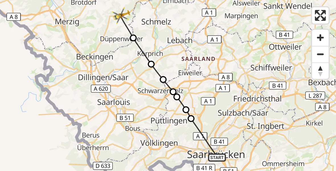 Flugroute Rettungshubschrauber Saarbrücken - Beckingen, 28 Oktober 2026, 12:39