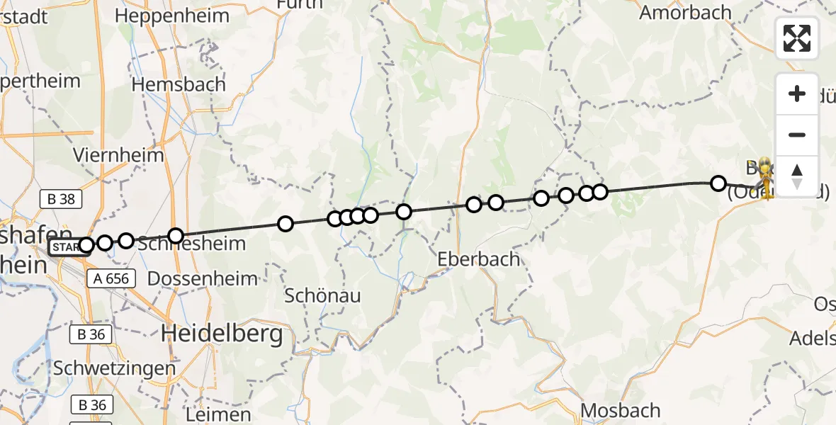 Flugroute Rettungshubschrauber Mannheim-City Flughafen - Buchen (Odenwald), 28 Oktober 2026, 12:42