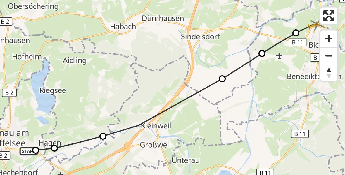 Flugroute Rettungshubschrauber Murnau Accident Hospital - Bichl, 28 Oktober 2026, 12:42