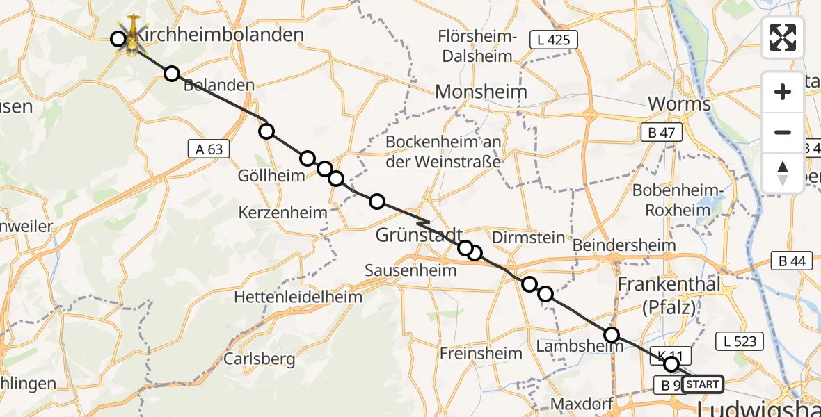 Flugroute Rettungshubschrauber Ludwigshafen am Rhein - Kirchheimbolanden, 28 Oktober 2026, 13:00