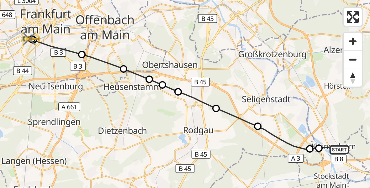 Flugroute Rettungshubschrauber Kleinostheim - Frankfurt University Hospital, 28 Oktober 2026, 13:10