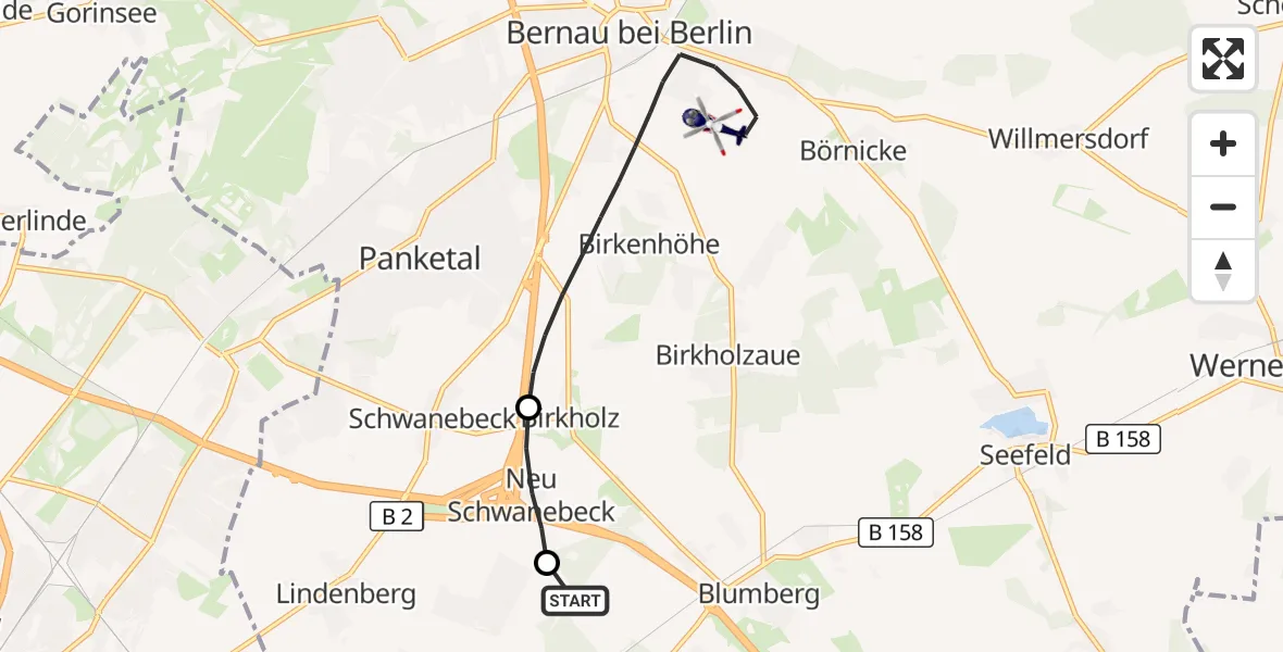 Flugroute Polizeihubschrauber Ahrensfelde Hubschrauberlandeplatz - Bernau bei Berlin, 28 Oktober 2026, 13:15