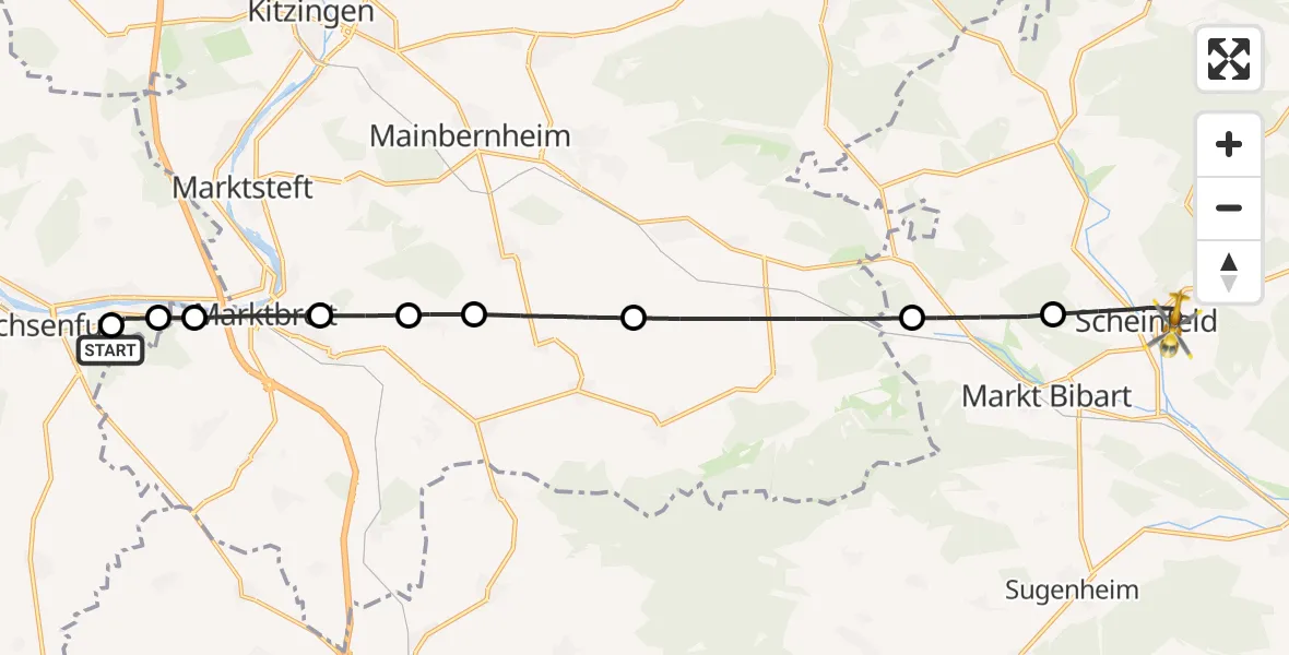 Flugroute Rettungshubschrauber Ochsenfurt Hospital - Scheinfeld, 28 Oktober 2026, 13:15