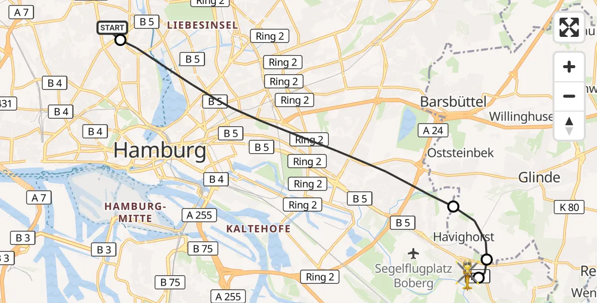 Flugroute Rettungshubschrauber Universitätsklinikum Hamburg-Eppendorf Hubschrauberlandeplatz - Christoph Hansa ADAC Hubschrauberlandeplatz, 28 Oktober 2026, 13:27