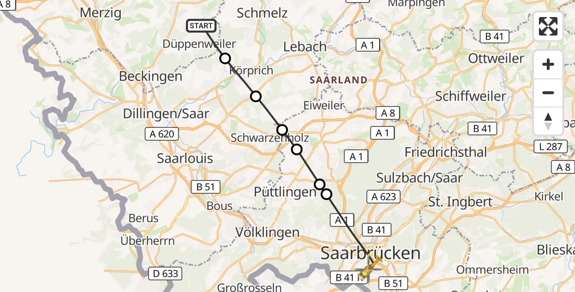 Flugroute Rettungshubschrauber Beckingen - Saarbrücken, 28 Oktober 2026, 13:28