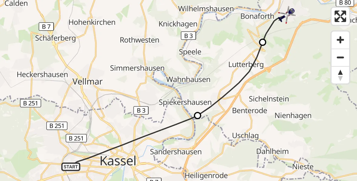 Flugroute Polizeihubschrauber Kassel - Hann.Münden, 28 Oktober 2026, 13:28