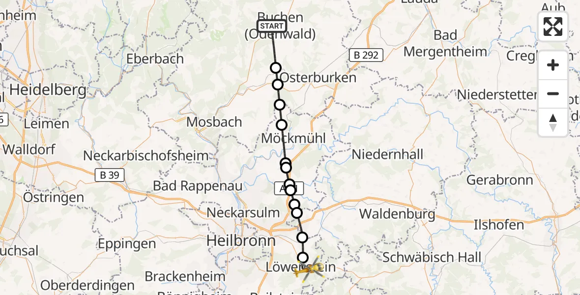 Flugroute Rettungshubschrauber Buchen (Odenwald) - Löwenstein, 28 Oktober 2026, 13:28