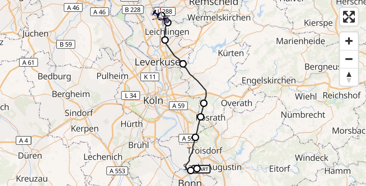 Flugroute Polizeihubschrauber Sankt Augustin - Langenfeld-Wiescheid Flugplatz, 28 Oktober 2026, 13:30