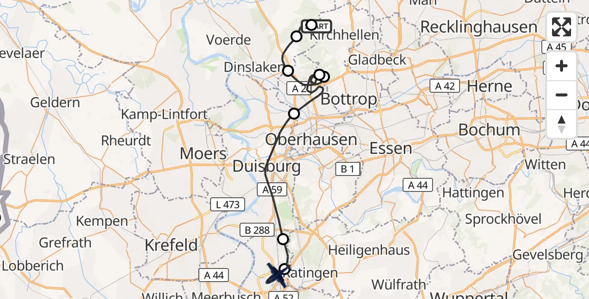 Flugroute Polizeiflugzeug Dinslaken-Schwarze Heide Flugplatz - Düsseldorf Flughafen, 28 Oktober 2026, 13:32