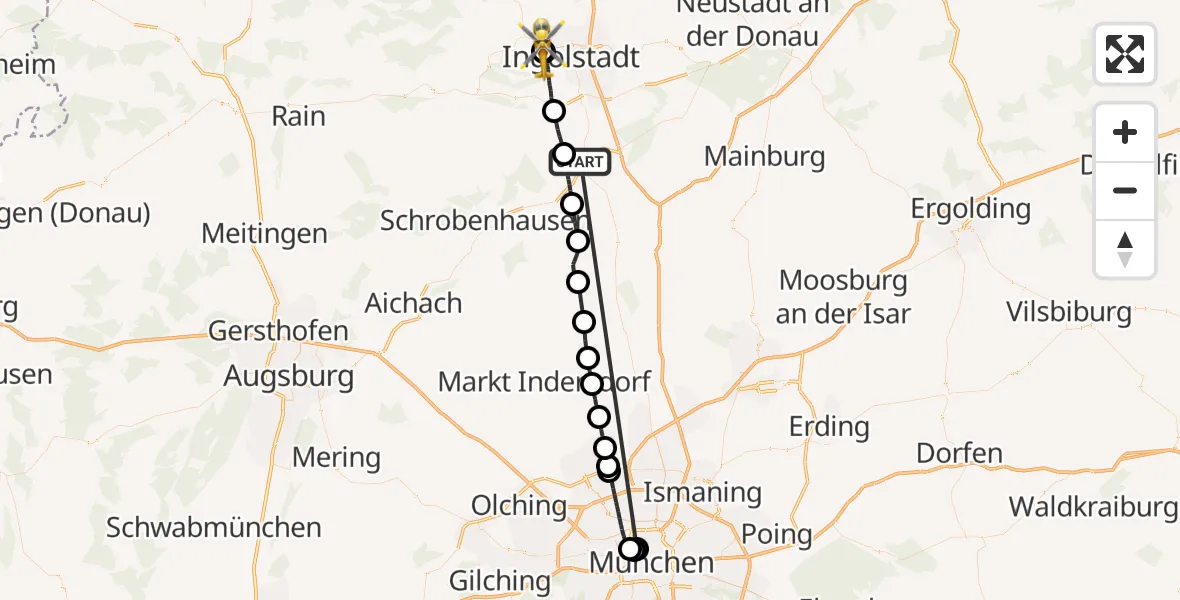 Flugroute Rettungshubschrauber Reichertshofen - Ingolstadt Hospital, 28 Oktober 2026, 13:33