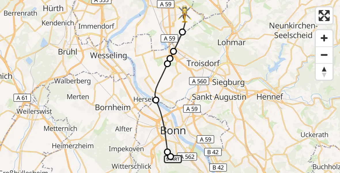 Flugroute Ambulanzhubschrauber Bonn University Hospital - Köln Bonn Flughafen, 28 Oktober 2026, 13:33