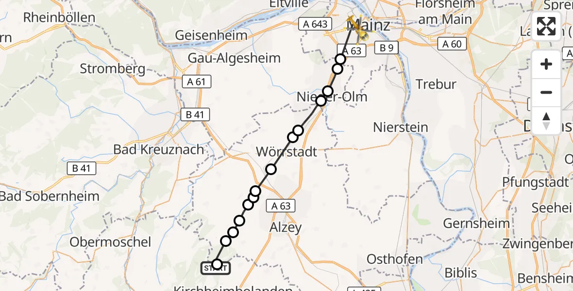 Flugroute Rettungshubschrauber Oberwiesen - Mainz University Hospital, 28 Oktober 2026, 13:35