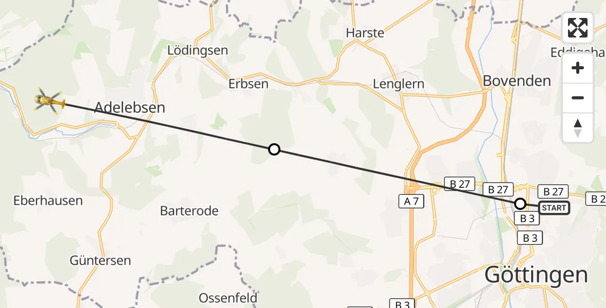 Flugroute Rettungshubschrauber Göttingen University Clinic Hubschrauberlandeplatz - Adelebsen, 28 Oktober 2026, 13:37