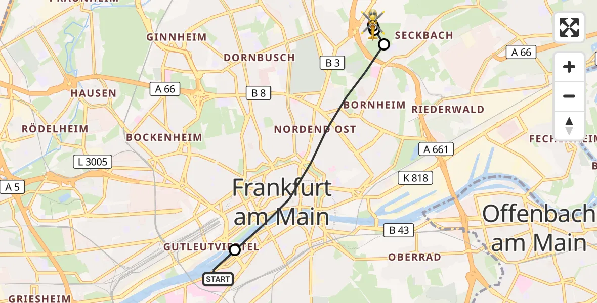 Flugroute Rettungshubschrauber Frankfurt University Hospital - Frankfurt am Main Accident Hospital Roof Helipad (CHX2), 28 Oktober 2026, 13:45