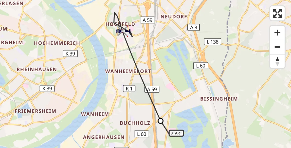 Flugroute Polizeihubschrauber Duisburg Air Rescue Hubschrauberlandeplatz (Christoph 9) - Duisburg, 28 Oktober 2026, 13:57
