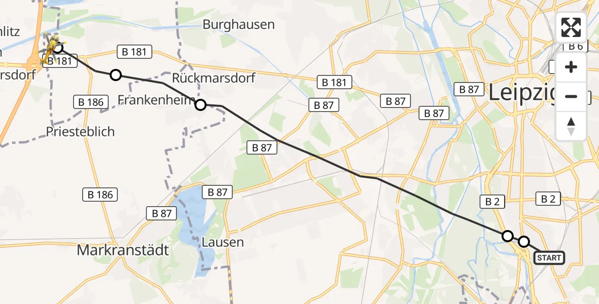 Flugroute Rettungshubschrauber Sankt Elisabeth Hospital Leipzig - ADAC Air Rescue Station Leipzig/Schkeuditz-Dölzig Hubschrauberlandeplatz (Christoph 61), 28 Oktober 2026, 13:57