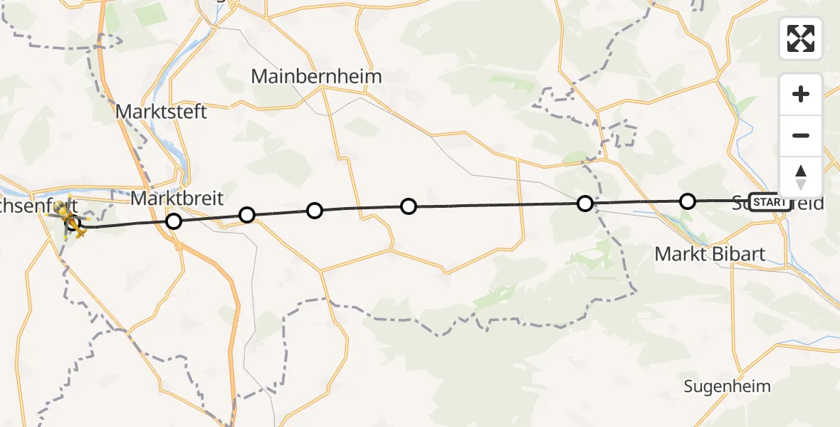 Flugroute Rettungshubschrauber Scheinfeld - Ochsenfurt Hospital, 28 Oktober 2026, 14:02