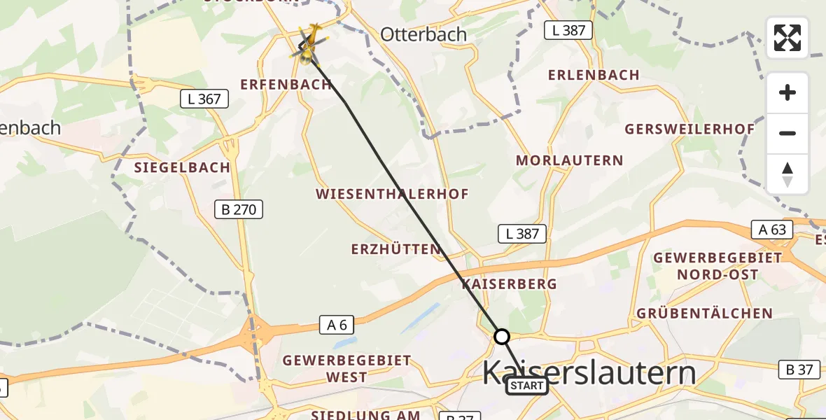 Flugroute Rettungshubschrauber Westpfalz Hospital Kaiserslautern - Kaiserslautern, 28 Oktober 2026, 14:05