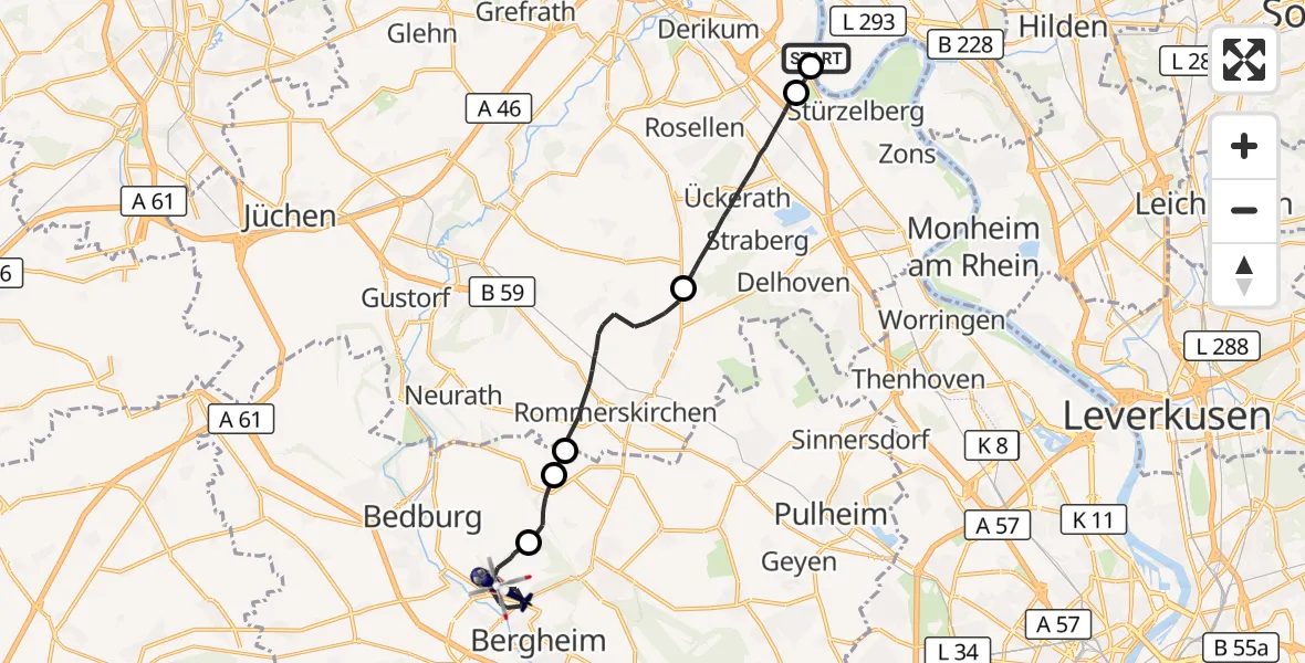 Flugroute Polizeihubschrauber Düsseldorf - Bergheim, 28 Oktober 2026, 14:10