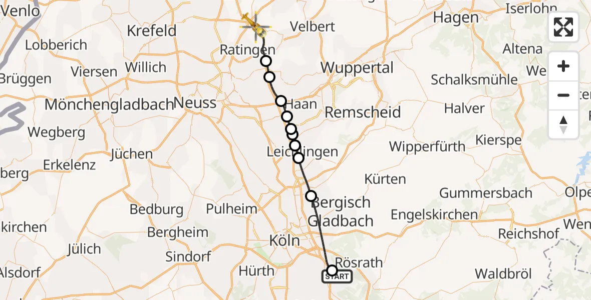Flugroute Rettungshubschrauber Köln Bonn Flughafen - Ratingen, 28 Oktober 2026, 14:13