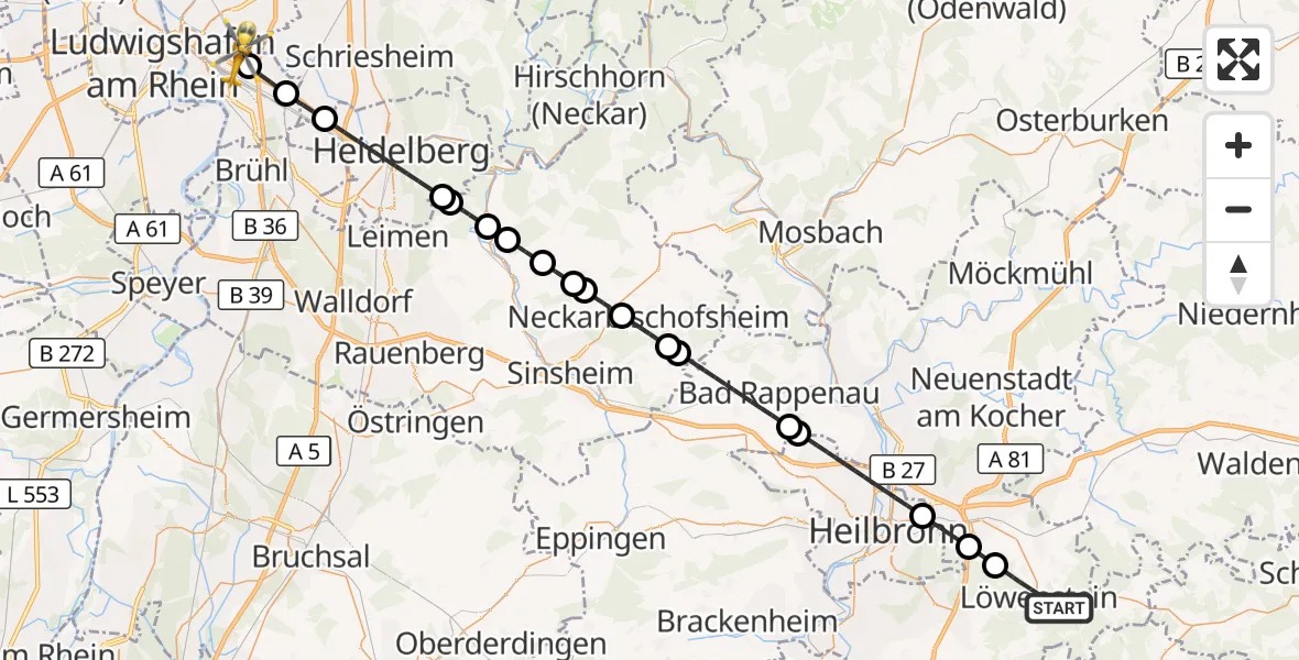 Flugroute Rettungshubschrauber Löwenstein - Mannheim-City Flughafen, 28 Oktober 2026, 14:16