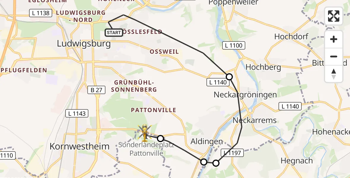 Flugroute Rettungshubschrauber Ludwigsburg - Pattonville Flugplatz, 28 Oktober 2026, 14:19