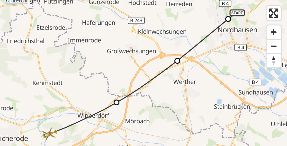 Flugroute Rettungshubschrauber Südharz Hospital Nordhausen - Bleicherode, 28 Oktober 2026, 14:21